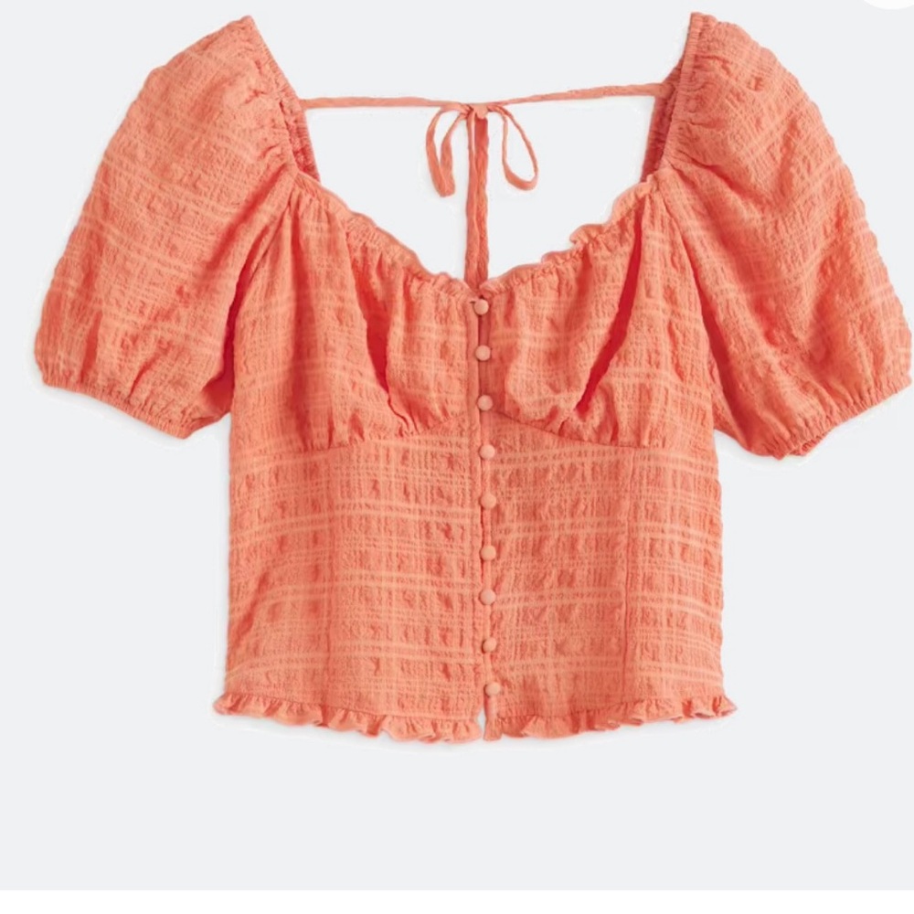 Paloma Textured Orange Puff Sleeve Button Front Top